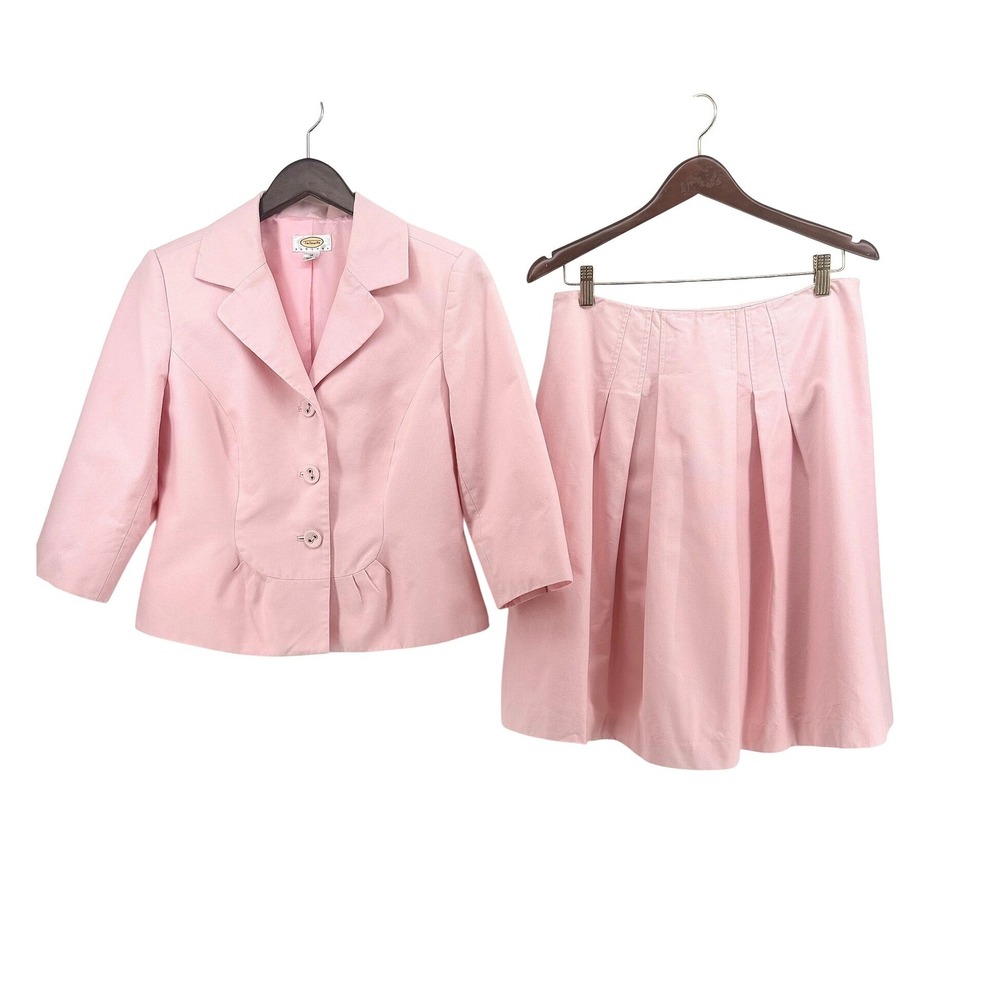 Talbots Petites Pink 100% Cotton Pleated Skirt Suit Set Blazer 12P Womens Office